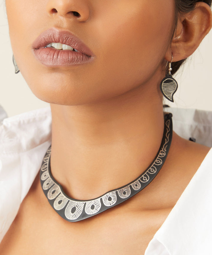 Hand crafted black silver inlay bidri necklace