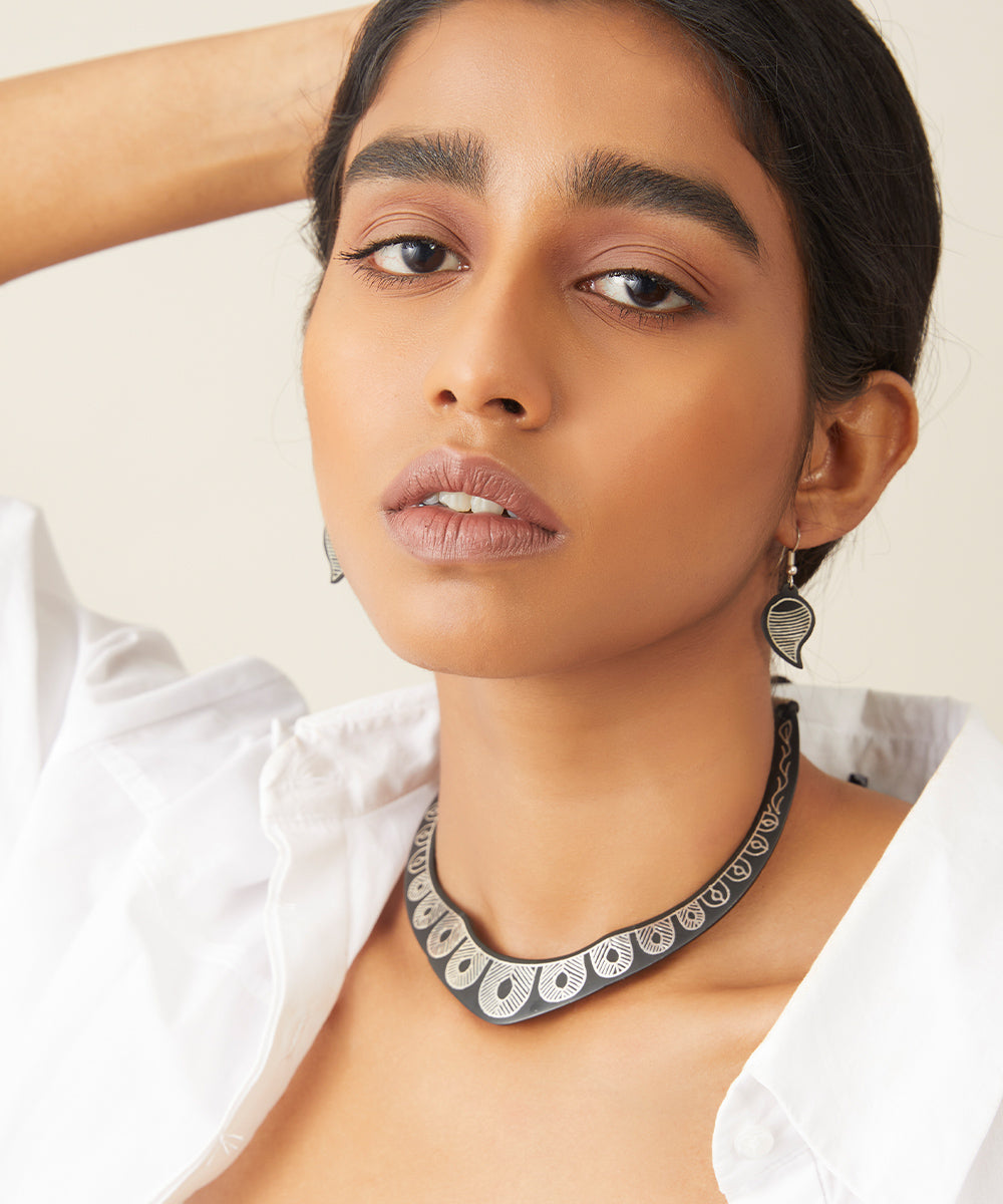 Hand crafted black silver inlay bidri necklace