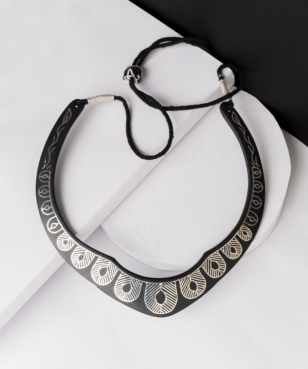 Hand crafted black silver inlay bidri necklace