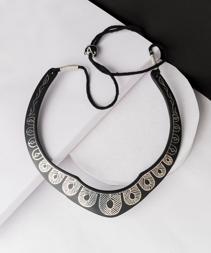 Hand crafted black silver inlay bidri necklace