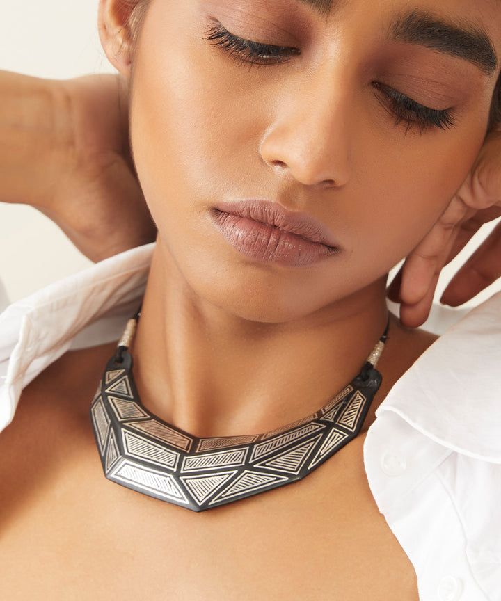 Black handcrafted silver inlay bidri necklace