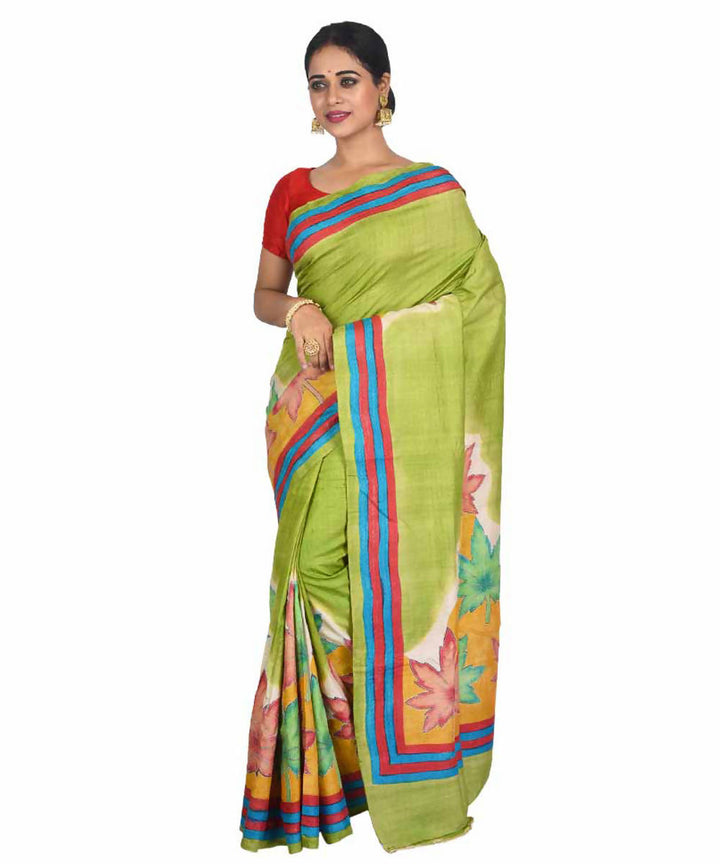Green yellow bengal hand embroidery tussar silk saree