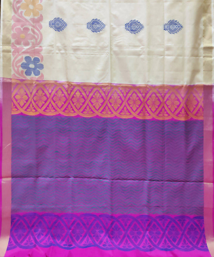 cream purple handwoven uppada silk saree with jamdani border