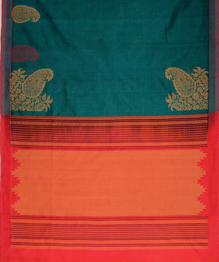 Bottle green Kanjivaram silk cotton thread work border motif saree