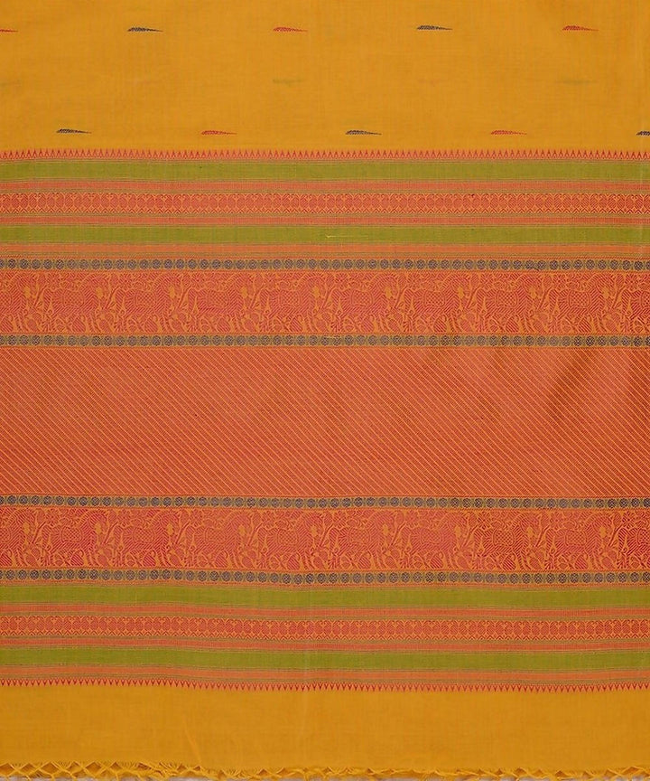 Yellow handloom kanchi cotton saree with mallimoggu butti green border