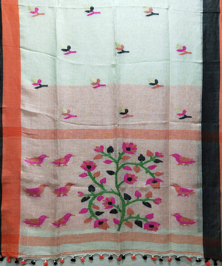 White handloom linen jamdani saree