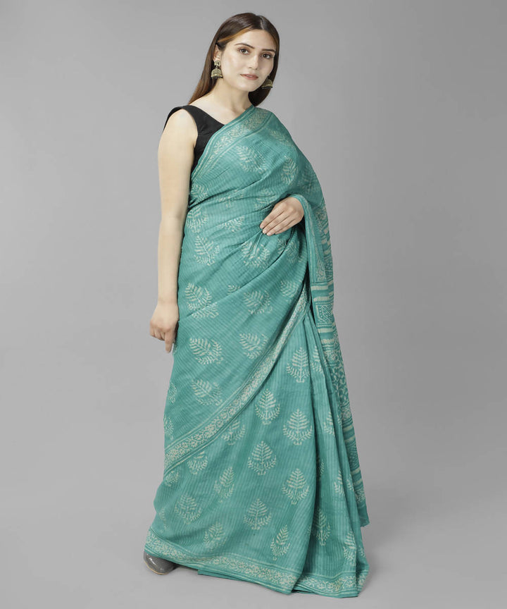 Dark turquoise bagru handblock printed tussar silk saree
