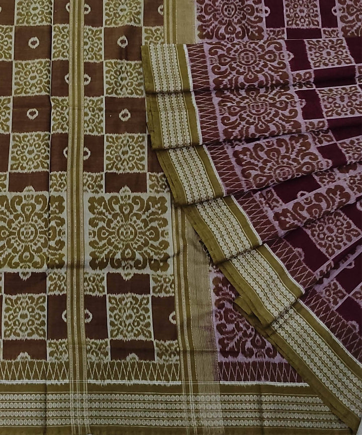Maroon olive green cotton handwoven sambalpuri saree
