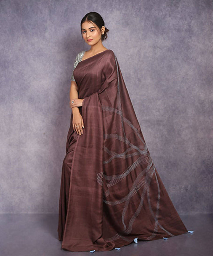 Brown hand embroidery kantha stitch silk saree