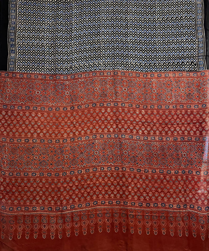Black grey hand printed ajrakh modal silk saree