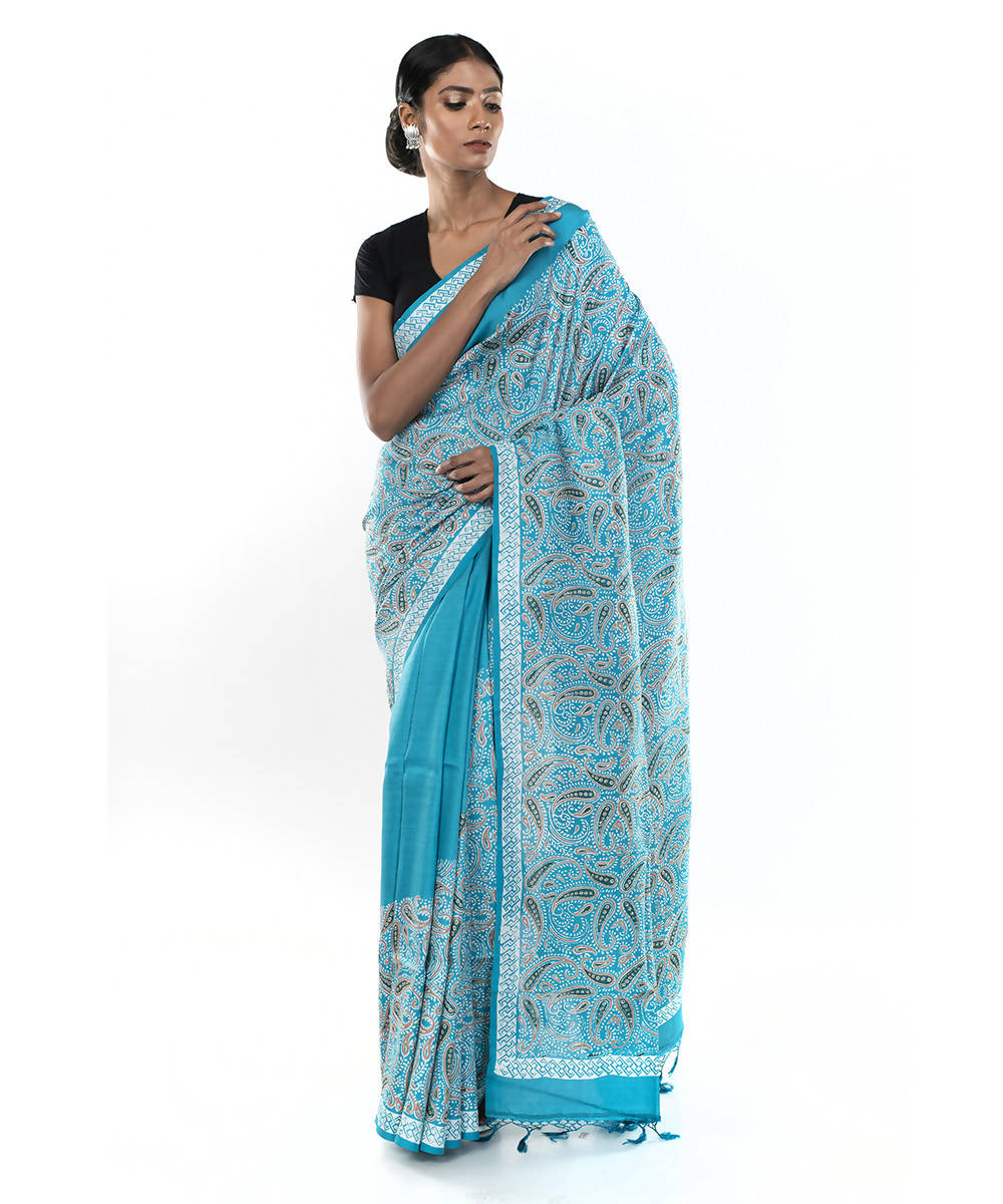 Blue green hand block print bengal silk saree
