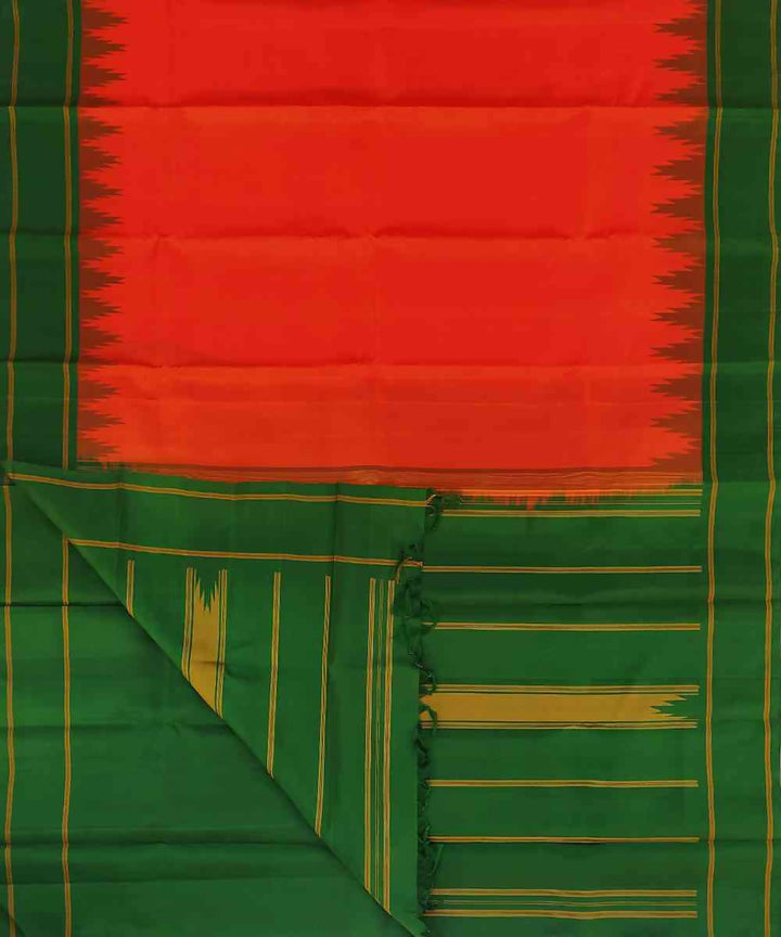 Orange and green korvai temple border handloom silk saree