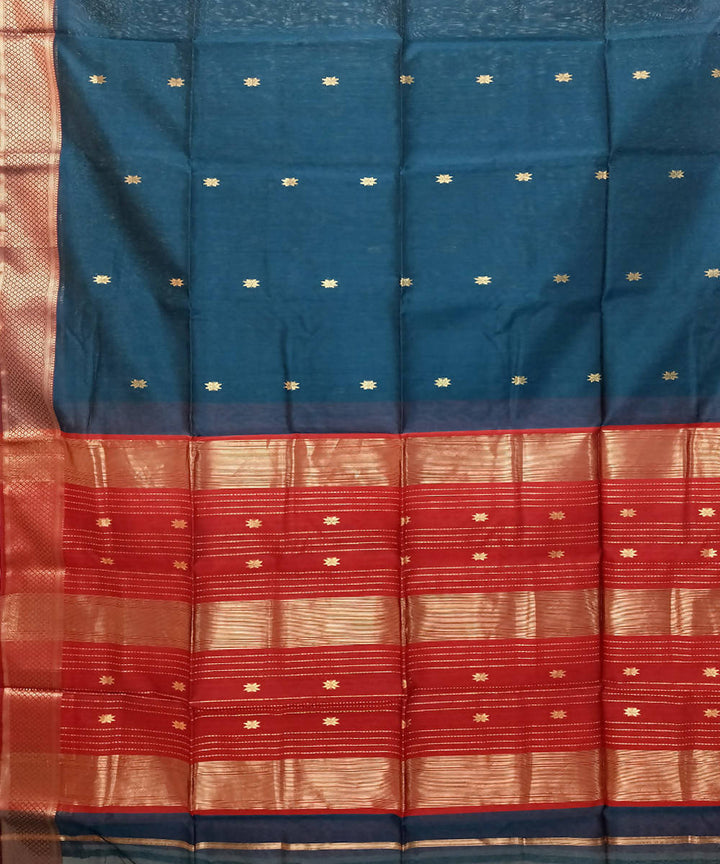 Teal blue red handwoven cotton silk maheshwari saree