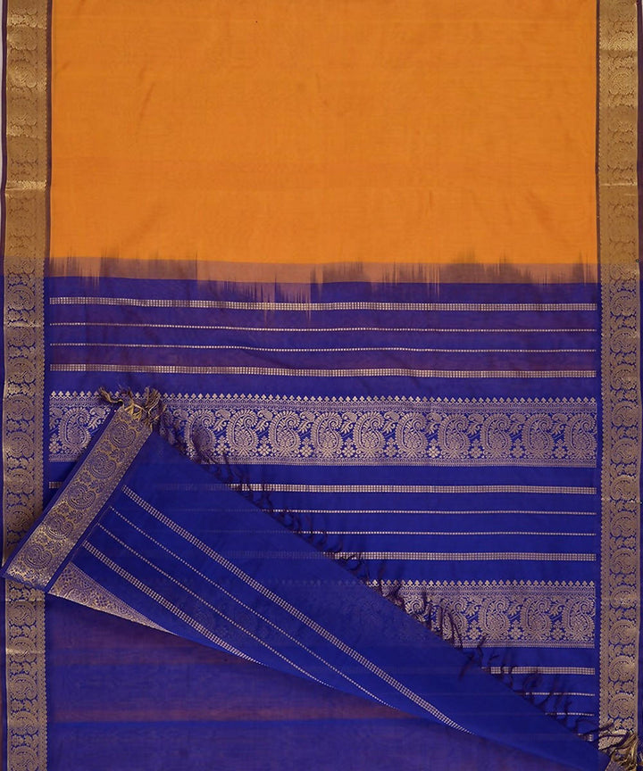 Mustard kanjivaram silk cotton saree with blue border
