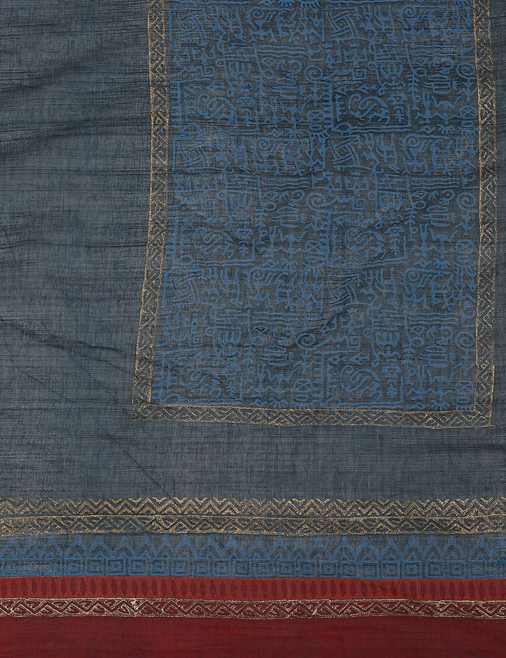 Blue handloom hand block printed cotton saree