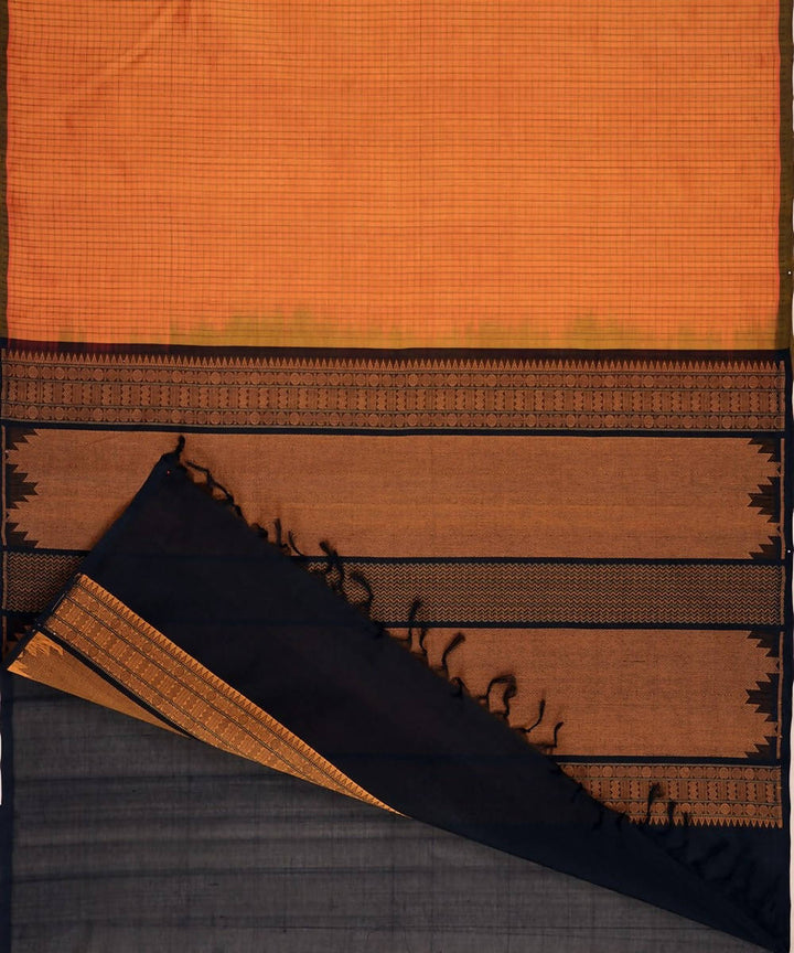 Orange shot kanchi silk cotton saree with checks and black pallu