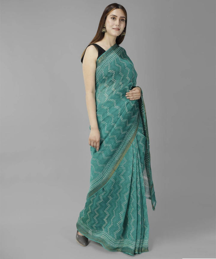 Teal green bagru handblock printed linen saree