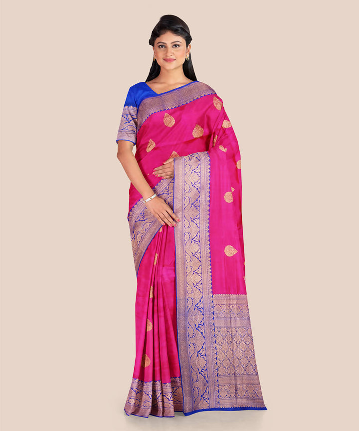 Pink with blue handwoven banarasi katan silk saree