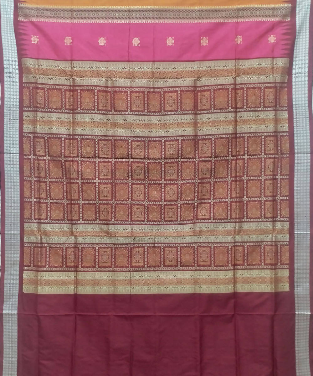 Mustard pink handwoven bomkai silk saree