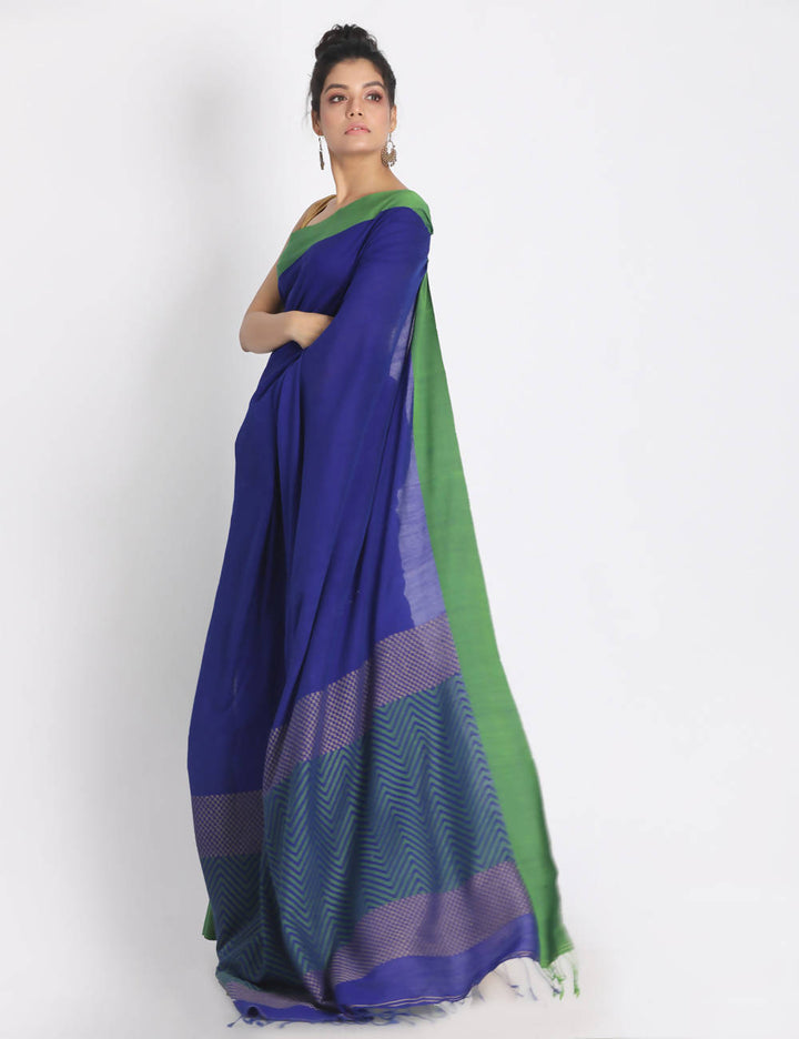 Bengal Navy Blue Handwoven Mulmul Cotton Saree