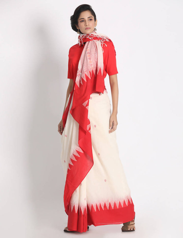 White red handspun handwoven cotton saree