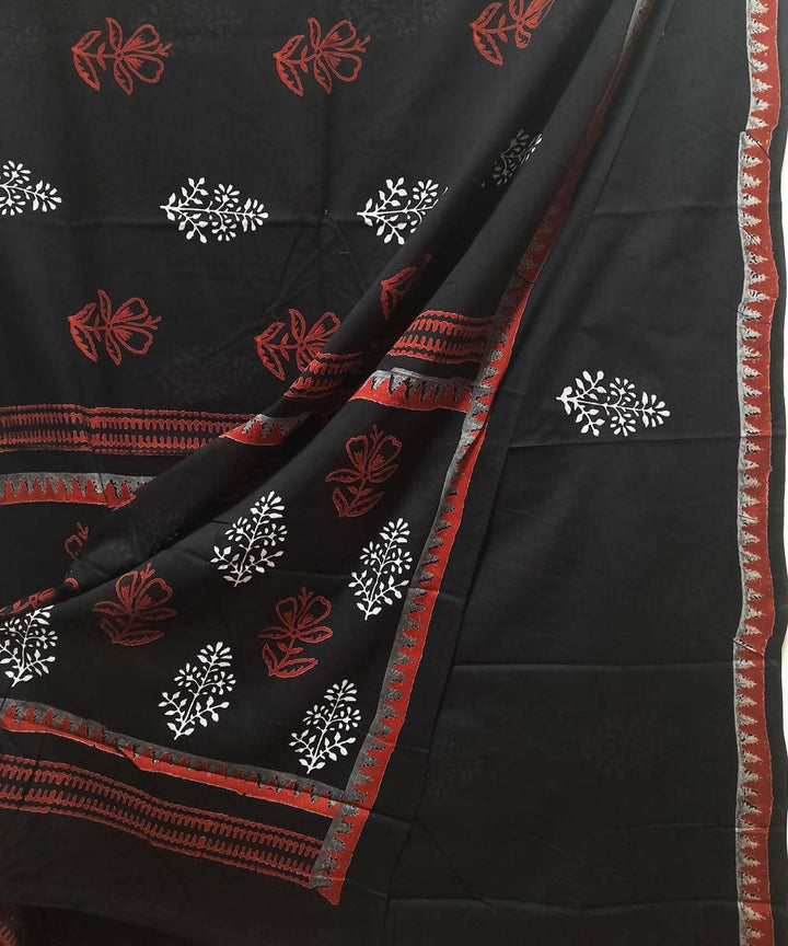 Black red white hand block print cotton saree