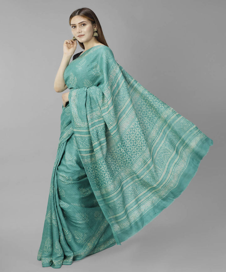 Dark turquoise bagru handblock printed tussar silk saree