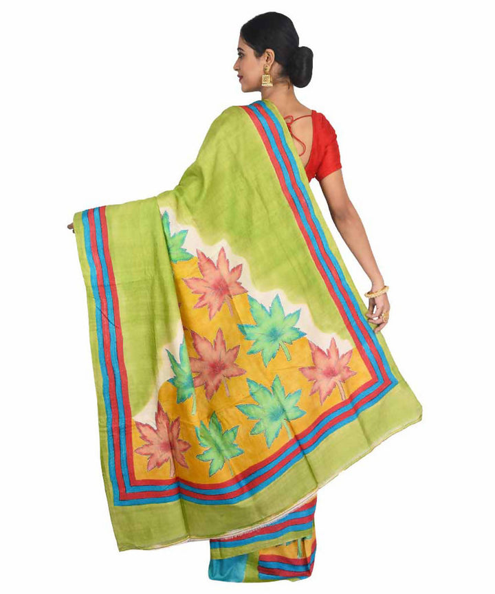 Green yellow bengal hand embroidery tussar silk saree