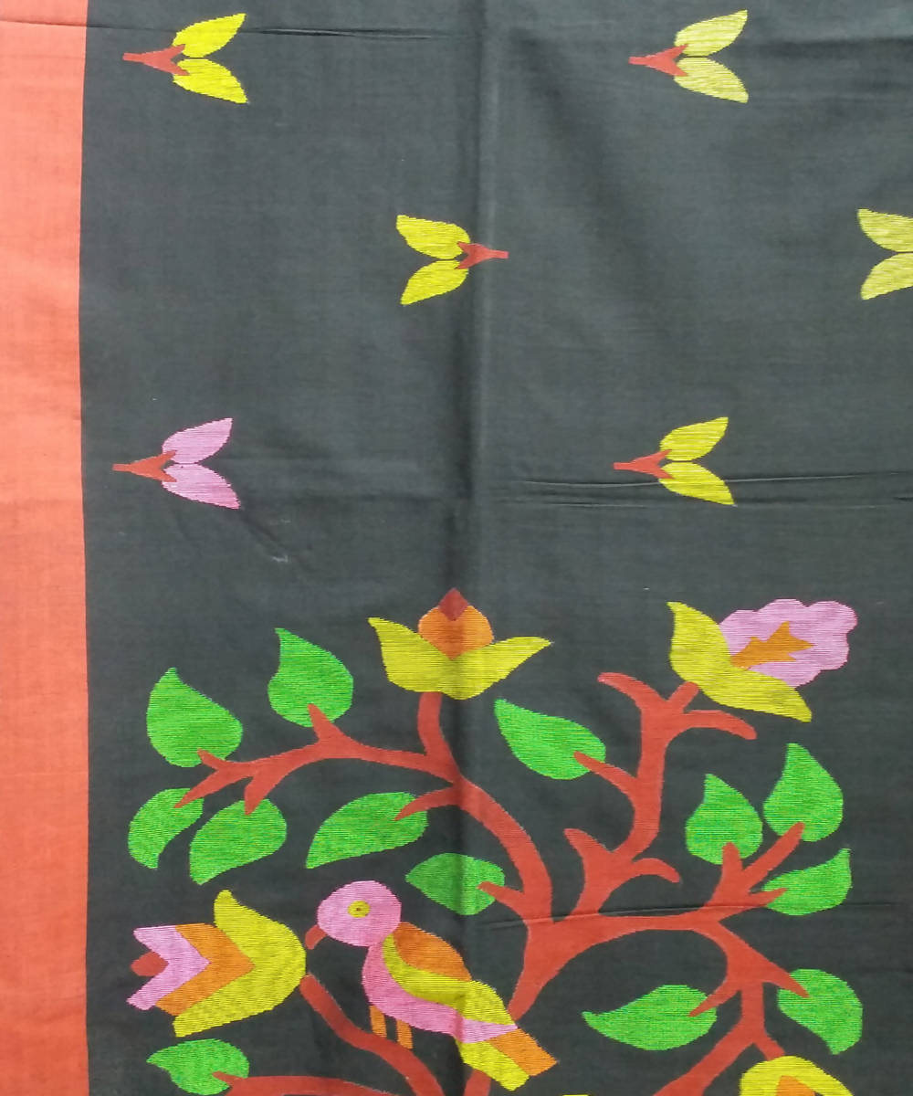 Black Red Handloom Handspun Cotton Saree