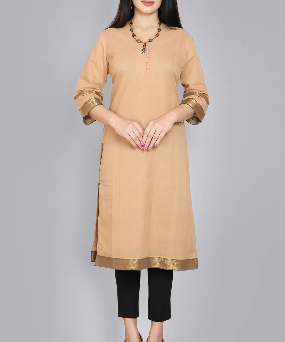 Kiara crafts Light brown handcrafted cotton mangalgiri kurti with zari border