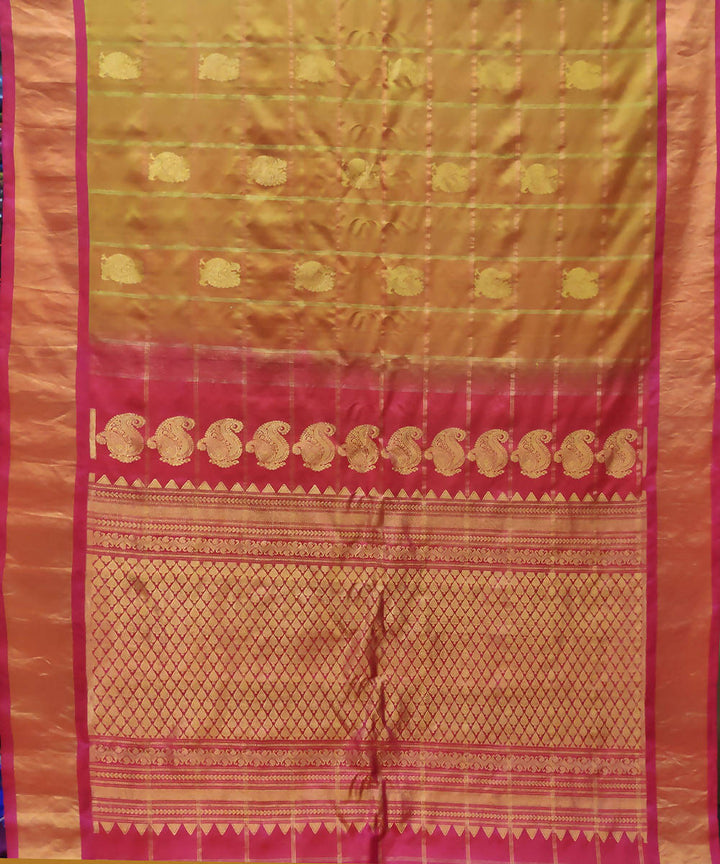 Gold pink Handwoven Gadwal Butta Work Silk Saree