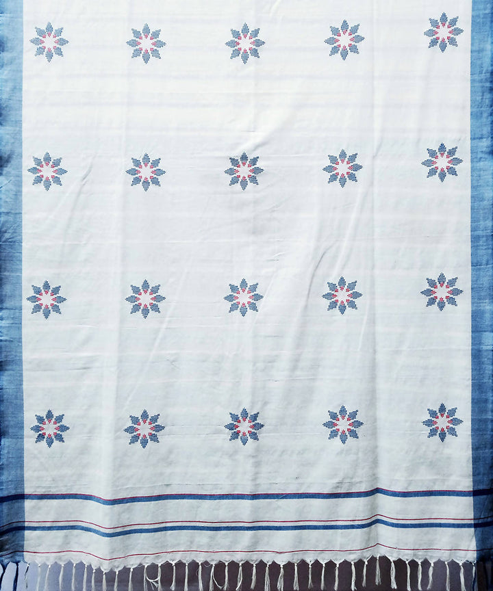 White blue handwoven cotton baavanbuti saree