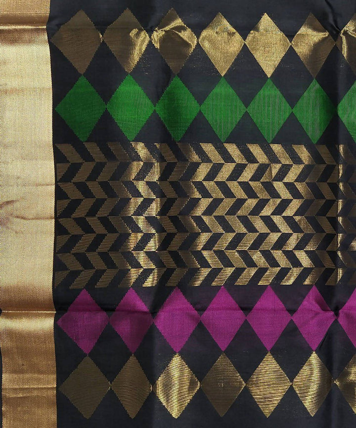 Black with green and purple handloom soft silk saree
