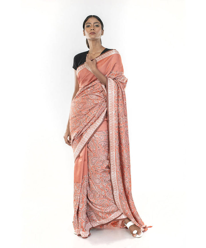 Light orange hand block print bengal silk saree