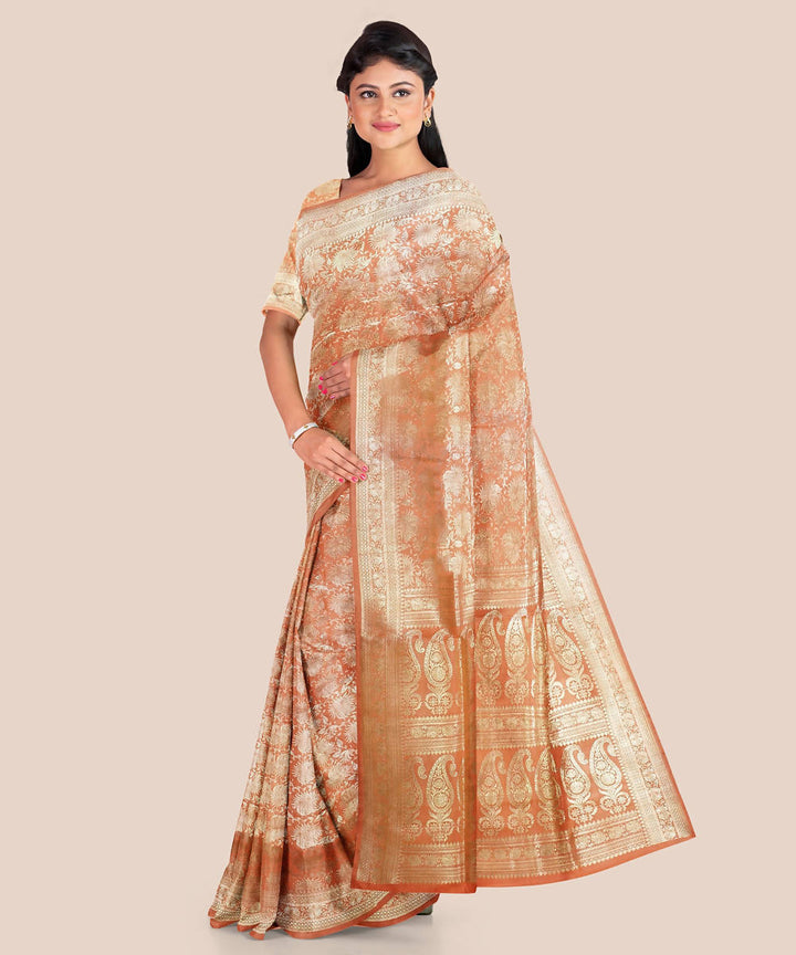 Light orange handloom silk katan banarasi saree