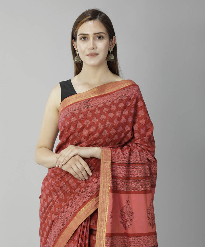 Maroon rust bagru handblock printed cotton saree
