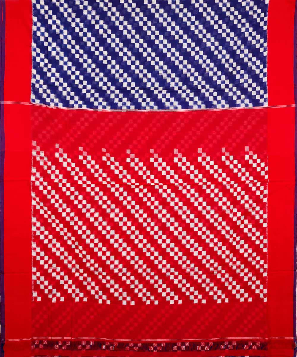 Blue and red cotton handwoven ikat pochampally saree