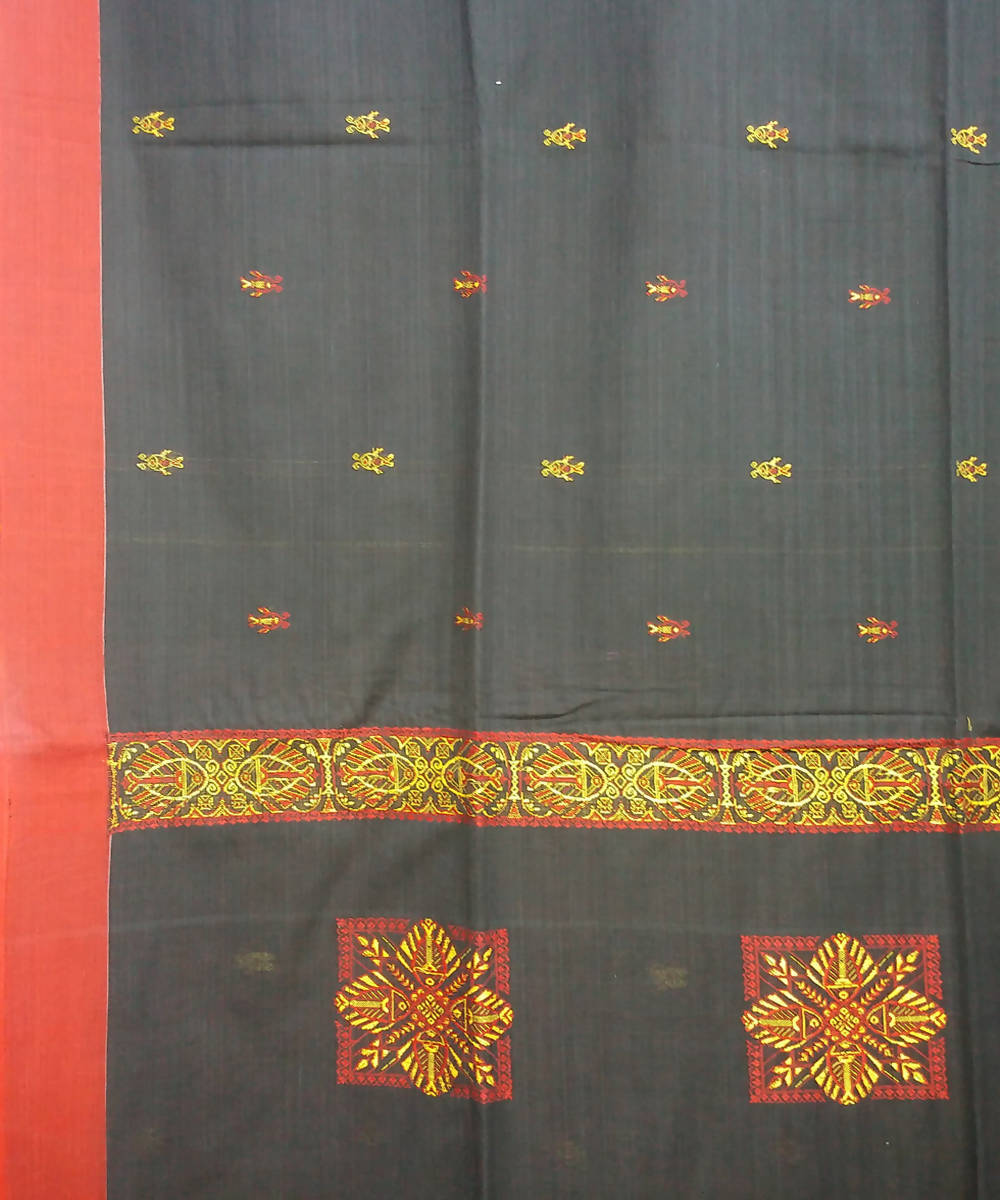 Black Red Handspun Handloom Cotton Saree