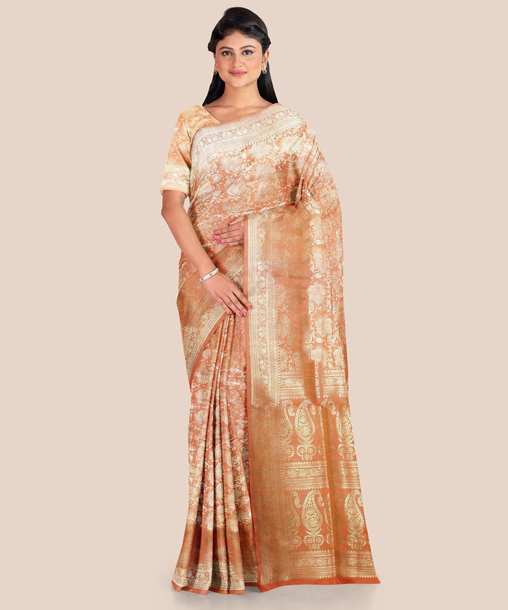 Light orange handloom silk katan banarasi saree