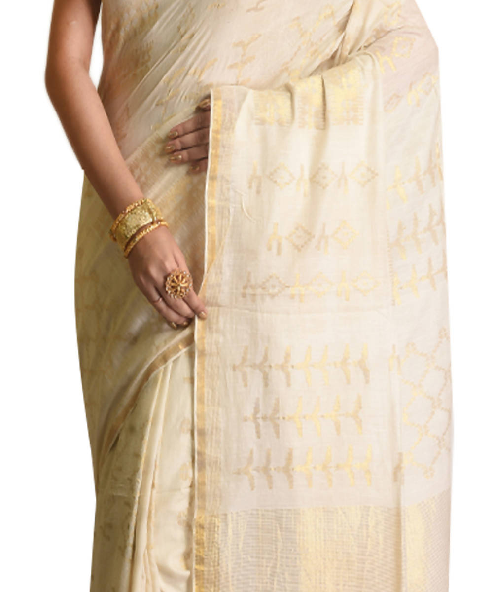 Resham shilpi bengal cream silk cotton handwoven jamdani saree