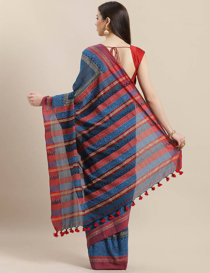 Blue handloom hand block printed cotton saree