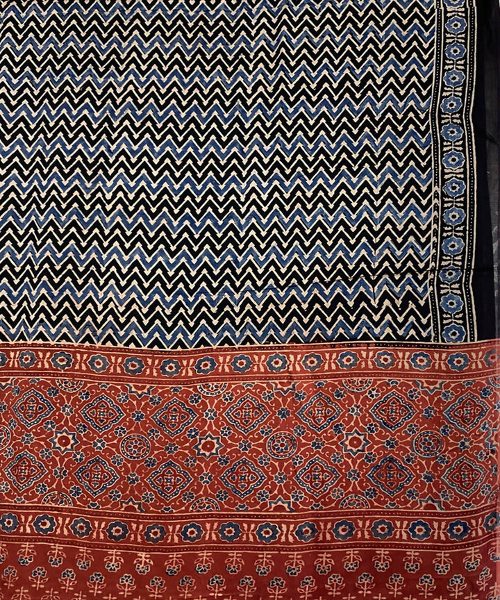 Black grey hand printed ajrakh modal silk saree