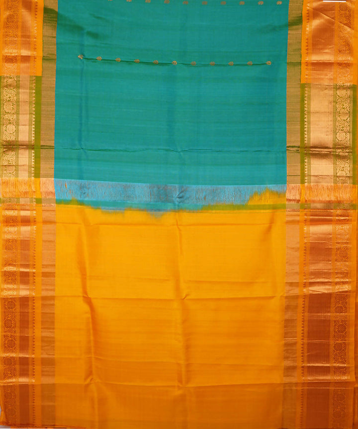 Cyan green yellow handwoven silk gadwal saree