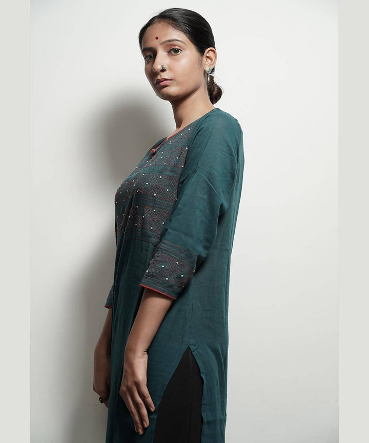 Green tanka work long cotton kurta