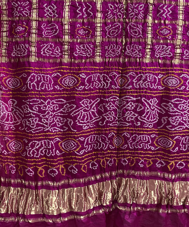 Pink hand printed bandhani gajji silk saree
