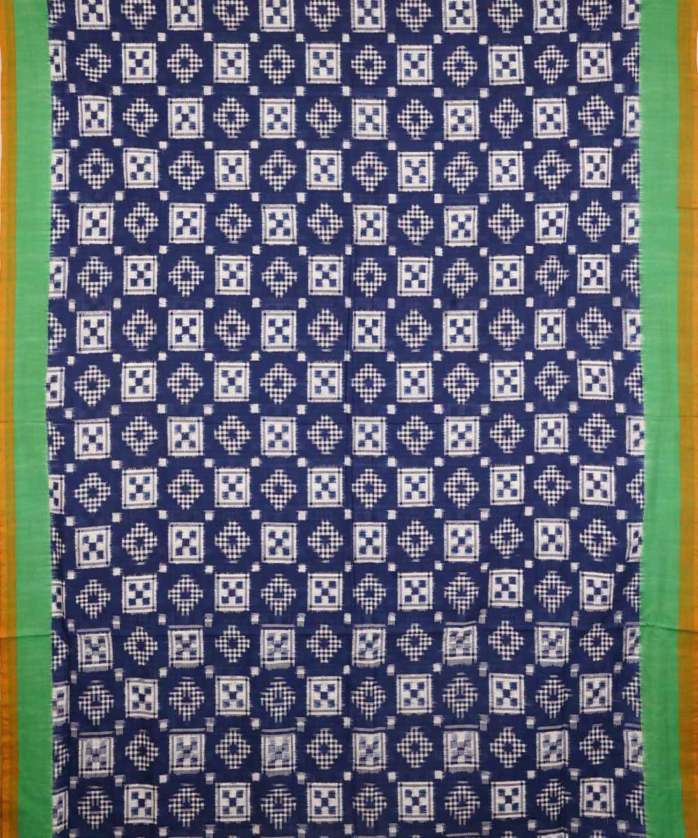 Blue and green cotton handloom double ikat pochampally saree