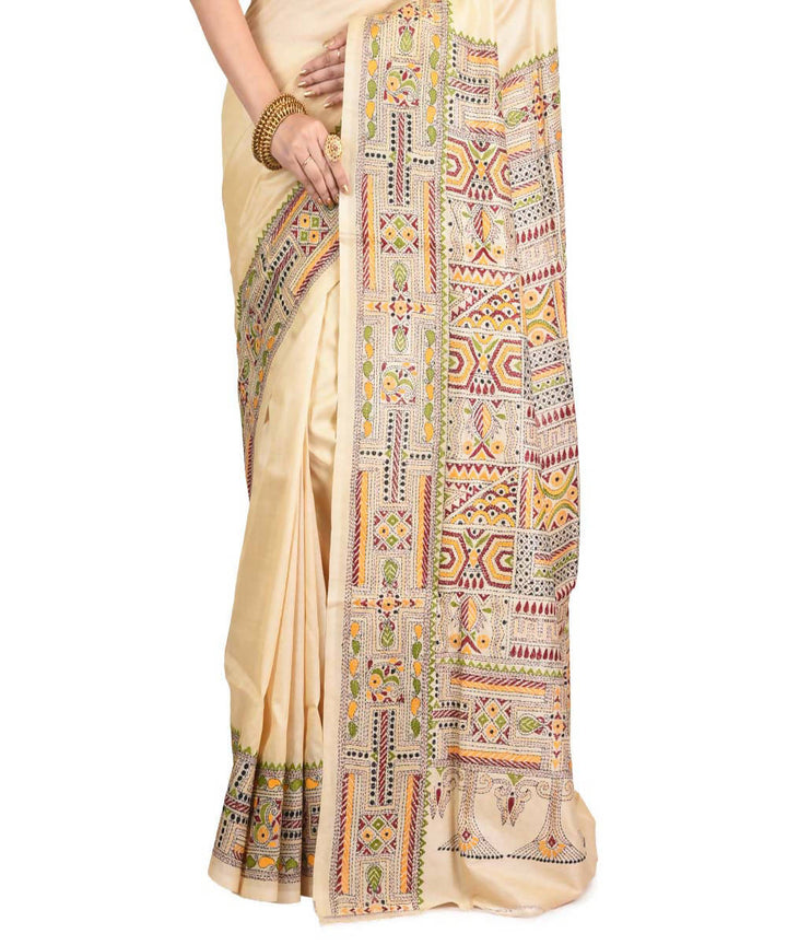 Beige Bengal exclusive tasar saree with hand embroidery work