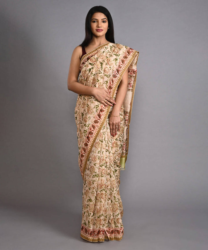 Beige cotton silk hand block printed saree with matching blouse