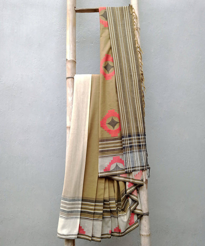 Mustard red handwoven cotton baavanvuti saree