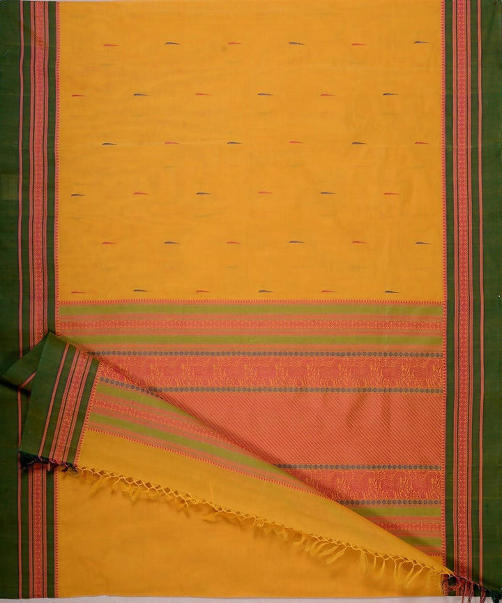 Yellow handloom kanchi cotton saree with mallimoggu butti green border